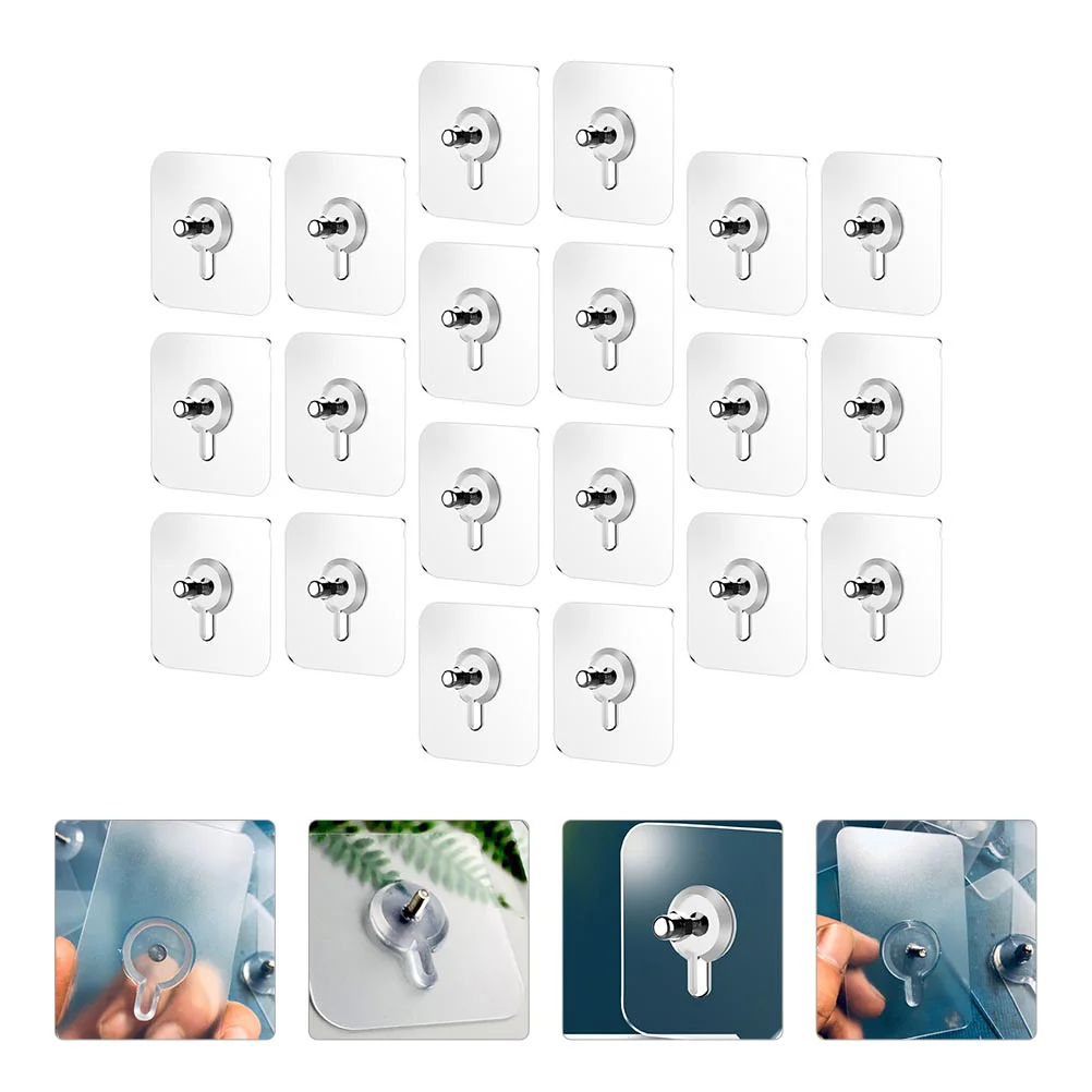 

20 Pcs No Trace Screw Sticker Wall Hooks Self Adhesive Heavy Duty Picture Hangers Home Photo Frame with Rod