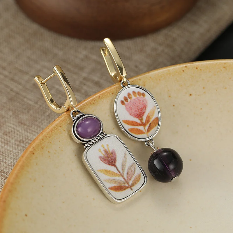 Asymmetrische Ohrhänger im Waldstil für Damen mit Aquarell-Blumenmustern, exquisite Ohrringe, alltäglicher Modeschmuck
