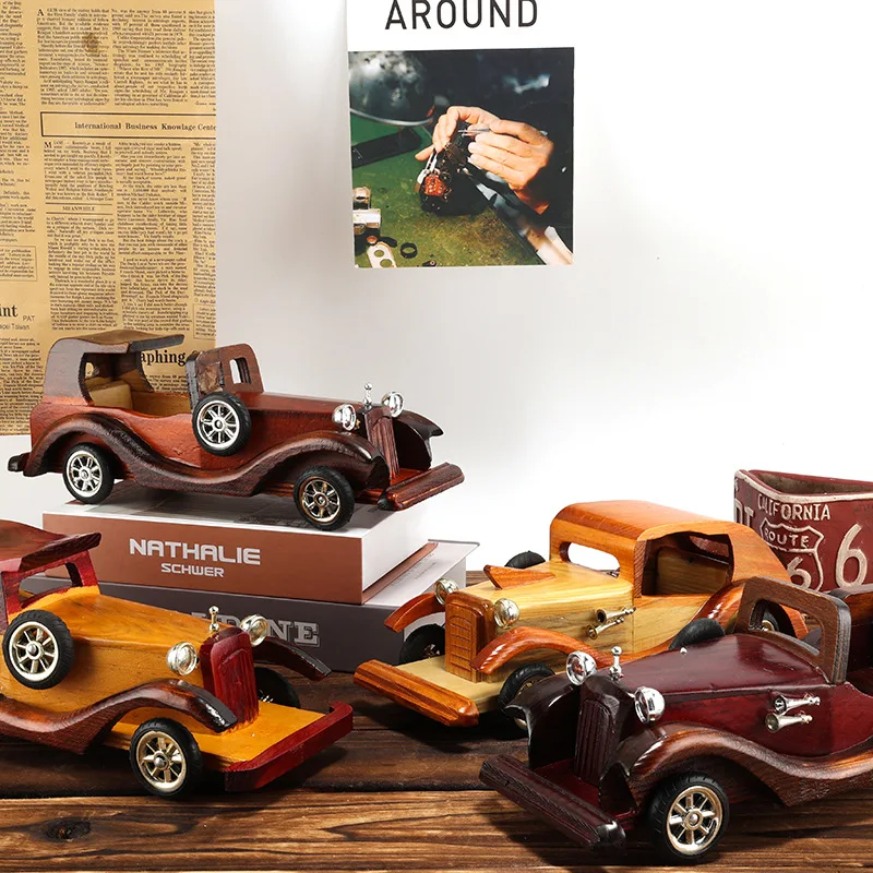 Wooden Car Model Home Room Decoration Desk Ornaments European Vintage Creative Wood Crafts Cars Home Furnishings Decor Gift