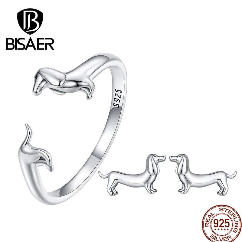 BISAER 925 Sterling Silver Cute Pet Dog Jewelry Set Dachshund Animal Stud Earrings Adjustable Rings for Women Lovely Party Gift