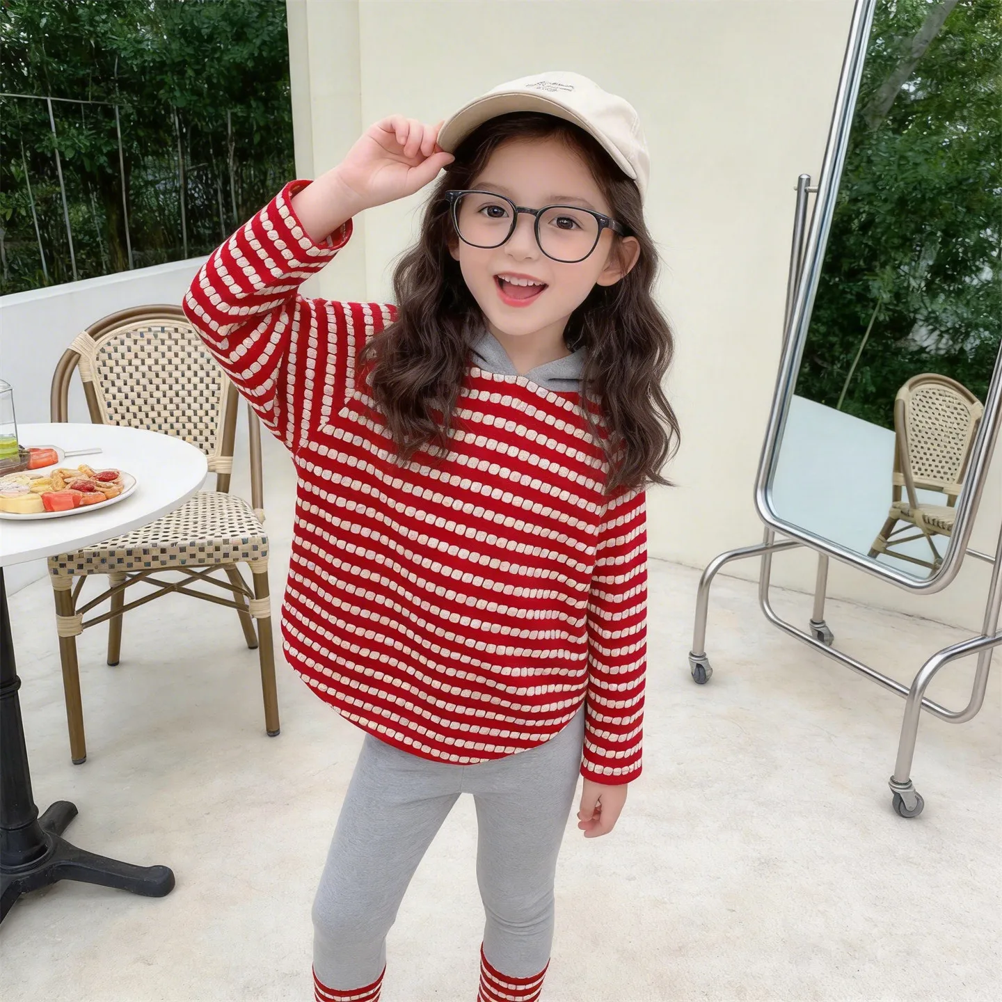 Girls Set Spring 2026 New Baby Fashion Korean Edition Casual Hooded Checkered Hoodie Pants Two Piece Set
