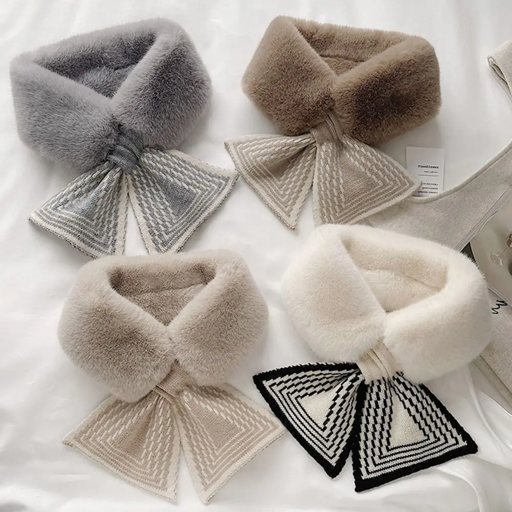 Cute Solid Color Cross Scarf Faux Rabbit Fur Plush Thicken Neckerchief Wrap Neck Scarf Women