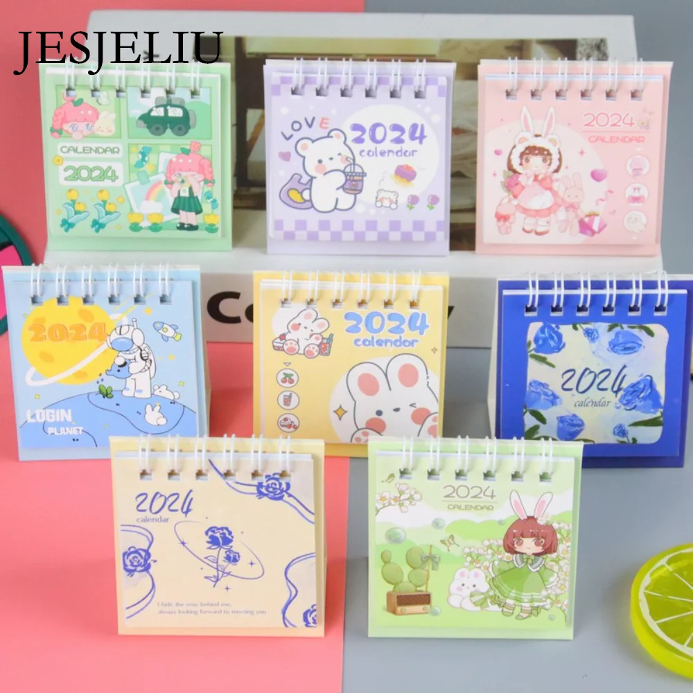 

2024 Mini Table Desk Calendar Cute Cartoon Calendar Desktop Coil Calendar Daily Schedule Memo Pad Kids Student Kawaii Stationery