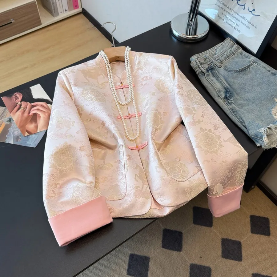 Original New Chinese Eastern Ancient Flavour Embroidered Satin Retro Improved National Style Long Sleeve Top Coat