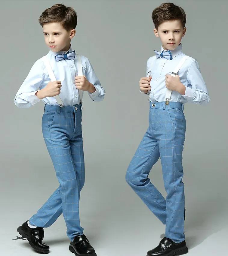 

Boys Summer Wedding Suit Kids Shirt Suspender Pants Bowtie 4PCS Luxurious Set Child Photography Suit Children Teenager Costume