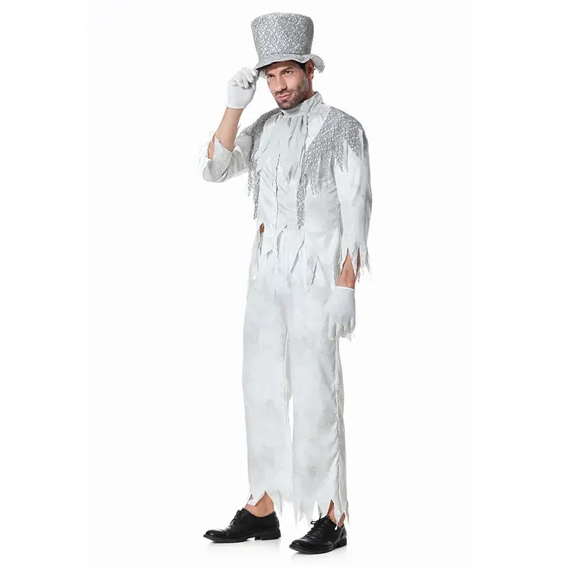 High Quality Halloween White Gghost Corpse Costume Vampire Men Cosplay Demon Costume Bar Party Men Nightclub Stage Costume
