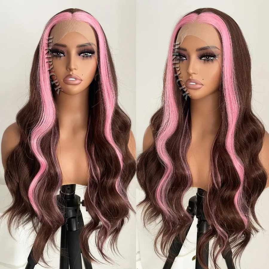 24-Zoll-Perücke mit rosa Skunk-Streifen, synthetische Lace-Front-Perücke mit braunem Haar und rosa Highlights-Streifen für schwarze Frauen, vorgezupft, L