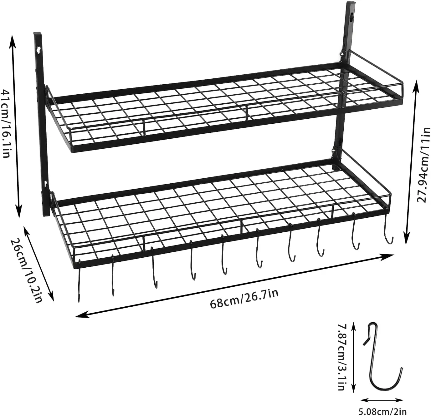 26.7 Inch Wall Mounted Pot Rack Storage Shelf 2 Tier Pan Rack Pot and Pan Organizer with 10 Hooks f