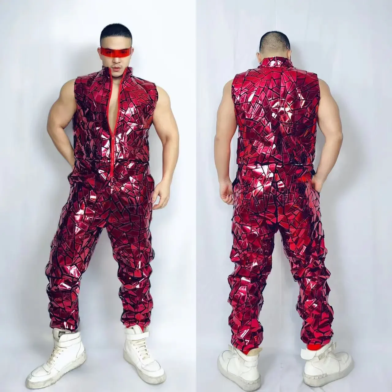 Costume men Dancer Team Street Dance Stage Performance Clothes Laser Mirror Rompers Costume Club Bar Sequins Jumpsuit Hip Hop