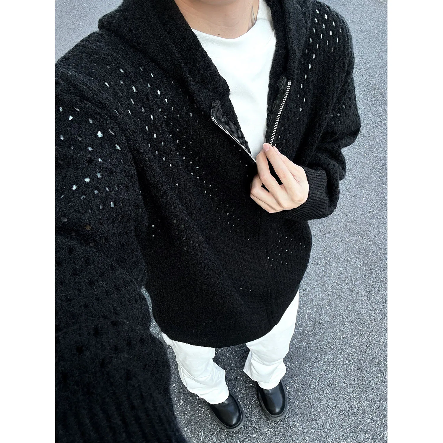 Hollow Out Knit Sweater Men Women Casual Loose Fishing Net Long Sleeve Male Tops 2024 Autumn Streetwear Hooded Pullovers