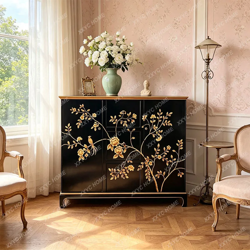 New Chinese-style solid wood dining side cabinet, entrance decorative cabinet, flower Chinese-style retro painted storage cabine