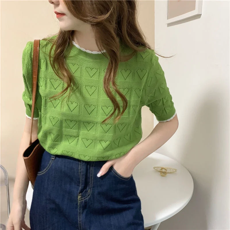 New Summer Hollow Out Solid Color T-shirt Women Simple Fashion Knitted Comfortable Vintage Feminine Harajuku All-match Cozy Tops