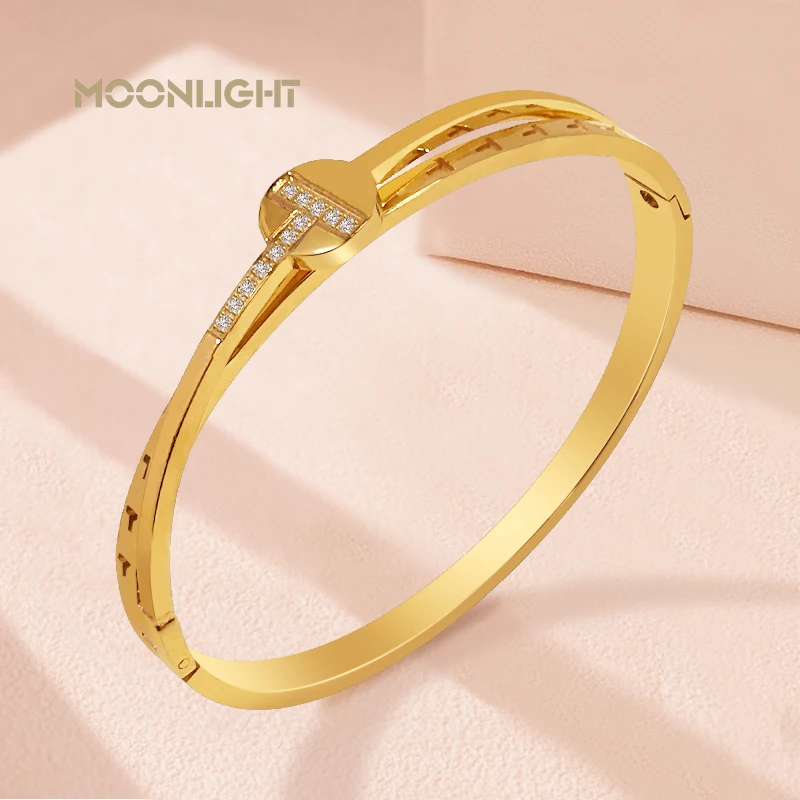 

MOONLIGHHigh Quality T Shape Titanium Steel Bangle For Women Zirconia Classic U Bracelet Wedding Party Female Jewelry Gifts