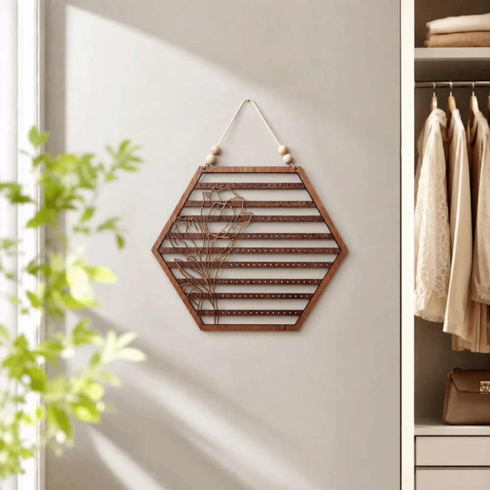 Hexagon Wood Jewelry Rack 11.81 in Hollow Carving Earring Wall Holder Beaded Hanging Rope Strip Hanging Slots