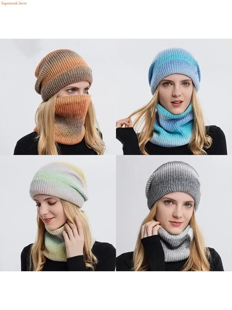 Q5WE Knitted Beanie Neck Warmer Gradient Scarf Winter Hat and Neckerchief Head Wa