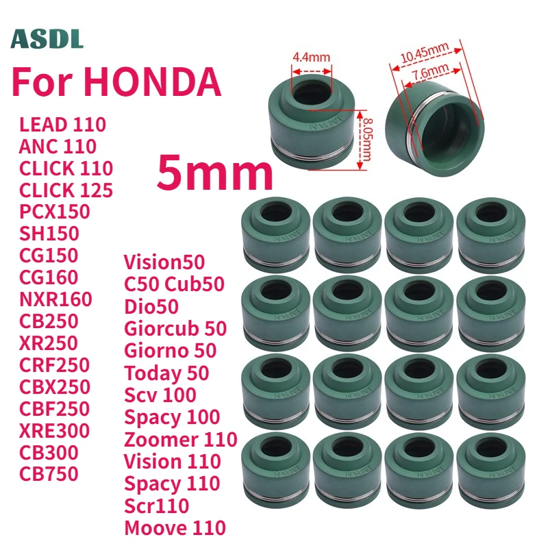

5mm Motorcycle Engine Valve Stem Oil Seal For HONDA CB250 XR250 CRF250 CBX250 CBF250 XRE300 CB300 CB750 NXR160 CG150 CLICK 125