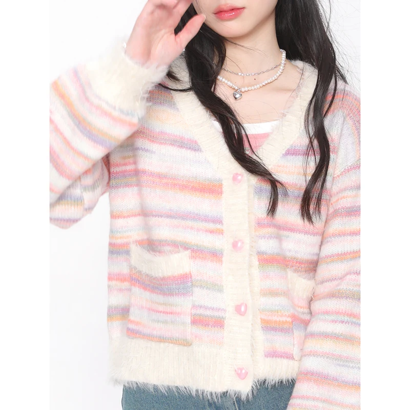 Sweet Lazy Wind Rainbow Cardigan Women Autumn V Neck Striped Knitted Coat Fashion Loose Long Sleeve Elegant Lady Sweaters