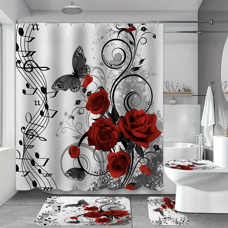 

4-piece "I Love You" Valentine's Day bathroom set - shower curtain with hooks, non-slip mat, rug and toilet seat, washable