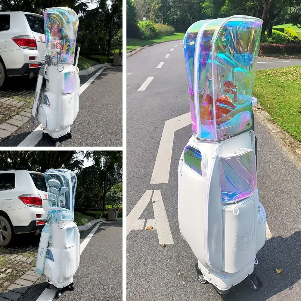 ,2026 PGM Korean‑Style Women's Golf Trolley Bag Transparent Colorful Golf Club Bag Hidden Pull Rod Wheels Water‑Resistant QB168