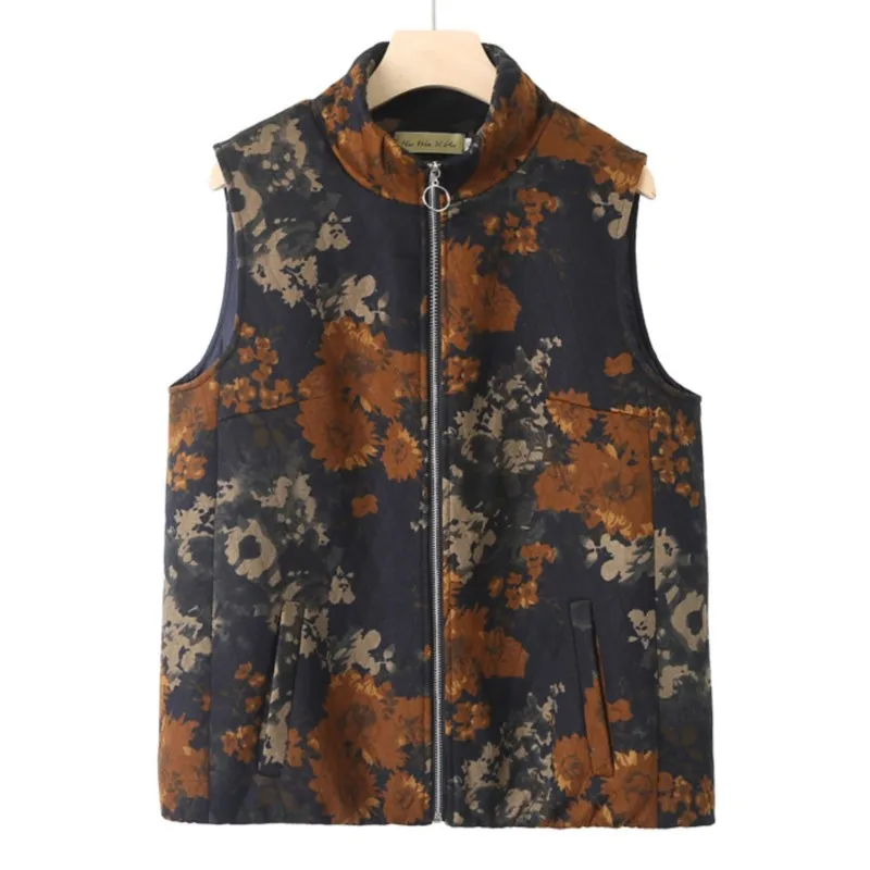 2023 Autumn Clothes Women Zipper Vest Jacket Plus Size Middle And Old Age Loose Casual Fashion Printed Waistcoat Curve