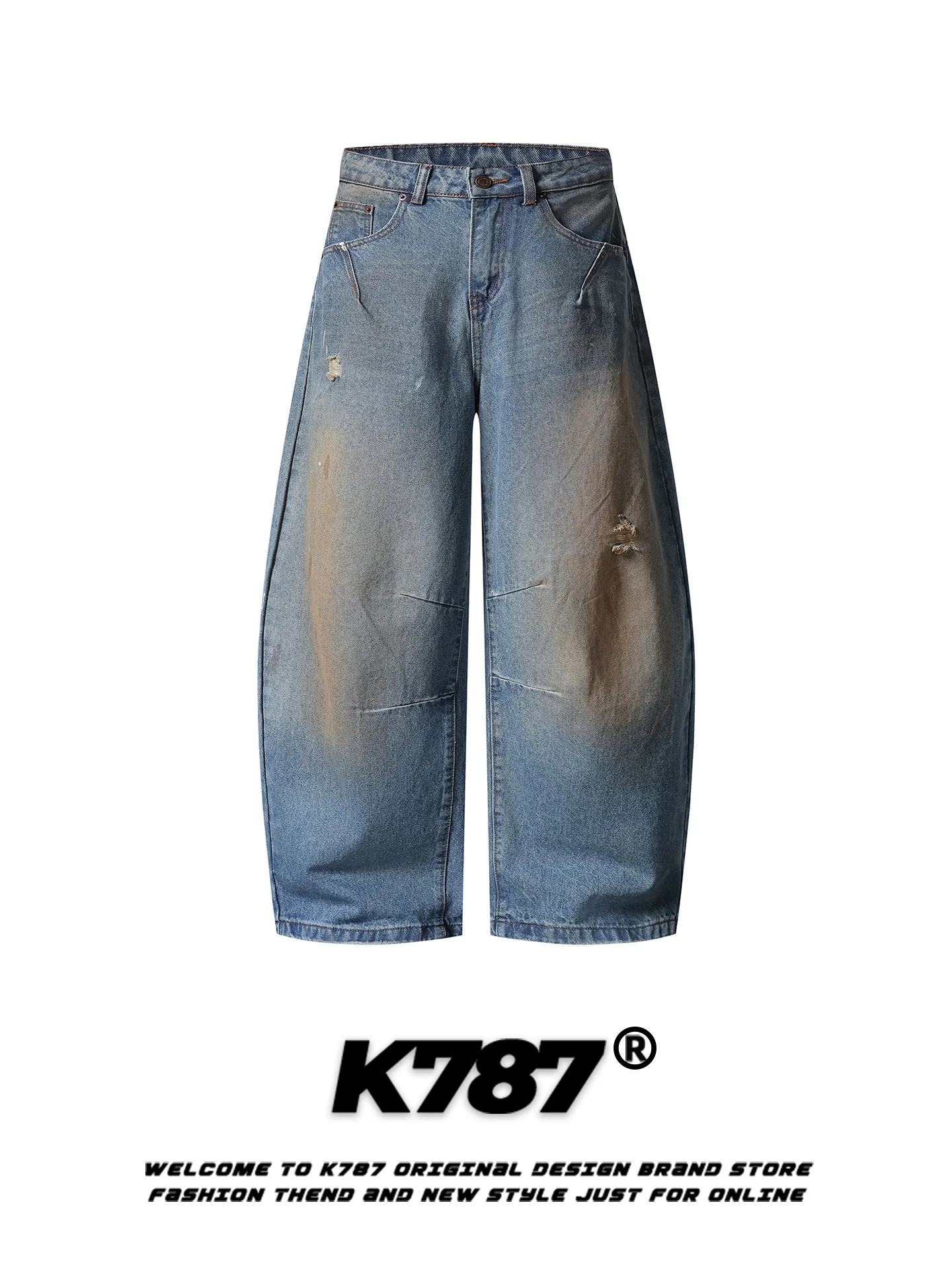 

K787 American Retro Washed Bend Knife Pants High Waist Wide Leg Casual Trousers Men Women Street Style Loose Fit Floor Length