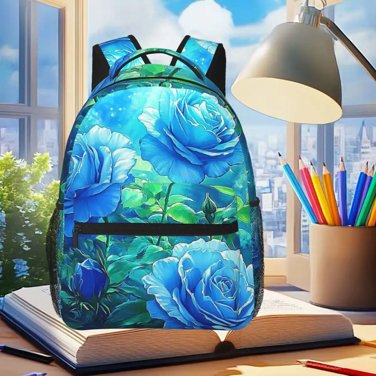 

Blue Rose Pattern Backpack Student Boys Girls BookBag Children School Bag Computer Shoulder Bags for Men Women