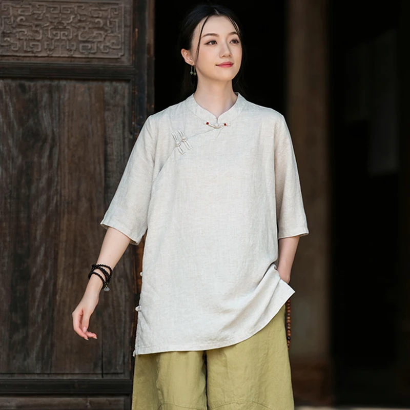 Chinesischen Stil Frauen Casual Shirt Neue Ankunft 2025, Sommer Vintage Stehkragen Lose Weibliche Halbe Hülse Tops Shirts M1846