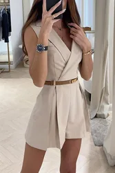 New Fashion V-neck Style Solid Color Commuter Sleeveless Suit Shorts jumpsuit Women's Waist Tie Waist Belt