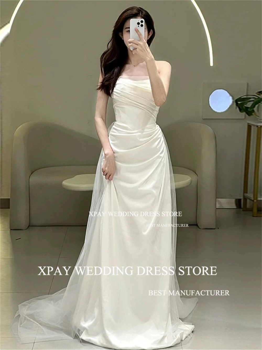 XPAY Strapless Korea Mermaid Wedding Dresses Off Shoulder Long Sleeve Wedding Photos Shoot Pleat Open Back Corset Bridal Gown