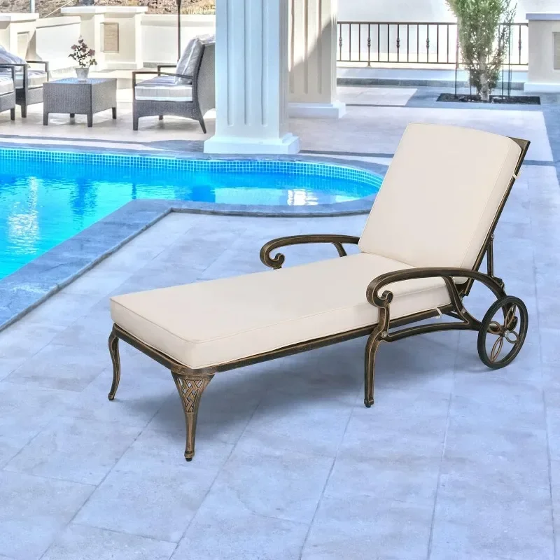 L # Cast Aluminum Outdoor Chaise Lounge Chair With Wheels, Patio Chaise Lounge With 3-Position Adjustable Backrest, Outdoor Tann