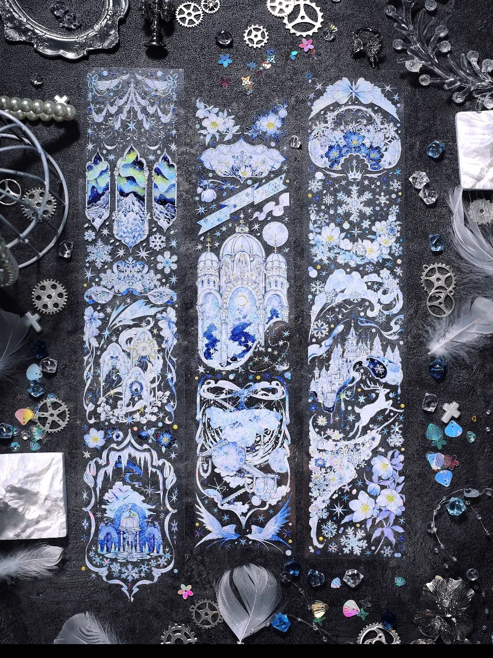 

Washi Pet Tape 1 Loop Snow Kiss Pet Shell Light Snow Mountain Castle Blue Snow Scene Snowflake Shines Notebook Goo Card Magic