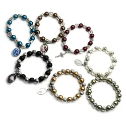 Holy Father Mother Pendant Glass Pearl Beads Strand Elastic Bracelet For Men Women Religious Jewelry