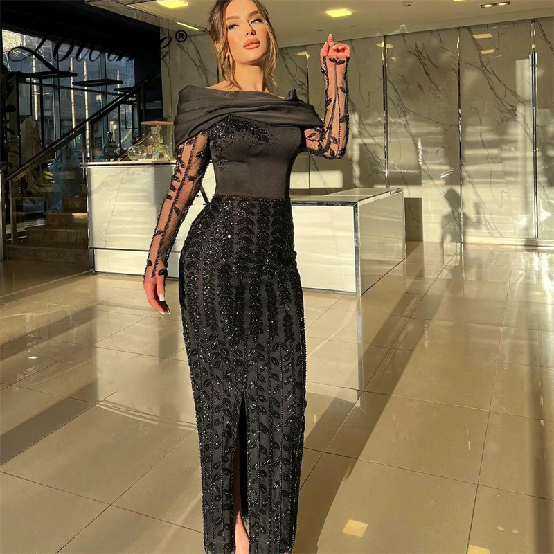 Elegant Black Evening Dress Long Sleeves Arabic Party Gowns Vestidos De Noche 2024 Split Side Aso Ebi Beaded Prom Dresses Robes