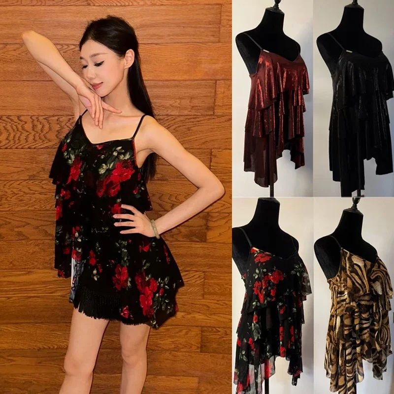 

Latin Dance Clothes Adult Women Sling Top Irregular Layered Tops Cha Cha Rumba Dancer Training Wear Red/Black/Leopard Print