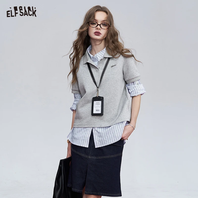 2024 Autumn ELFSACK New Arrivals Gray Polo collar versatile commuting Korean style solid color short-sleeved T-shirt for women