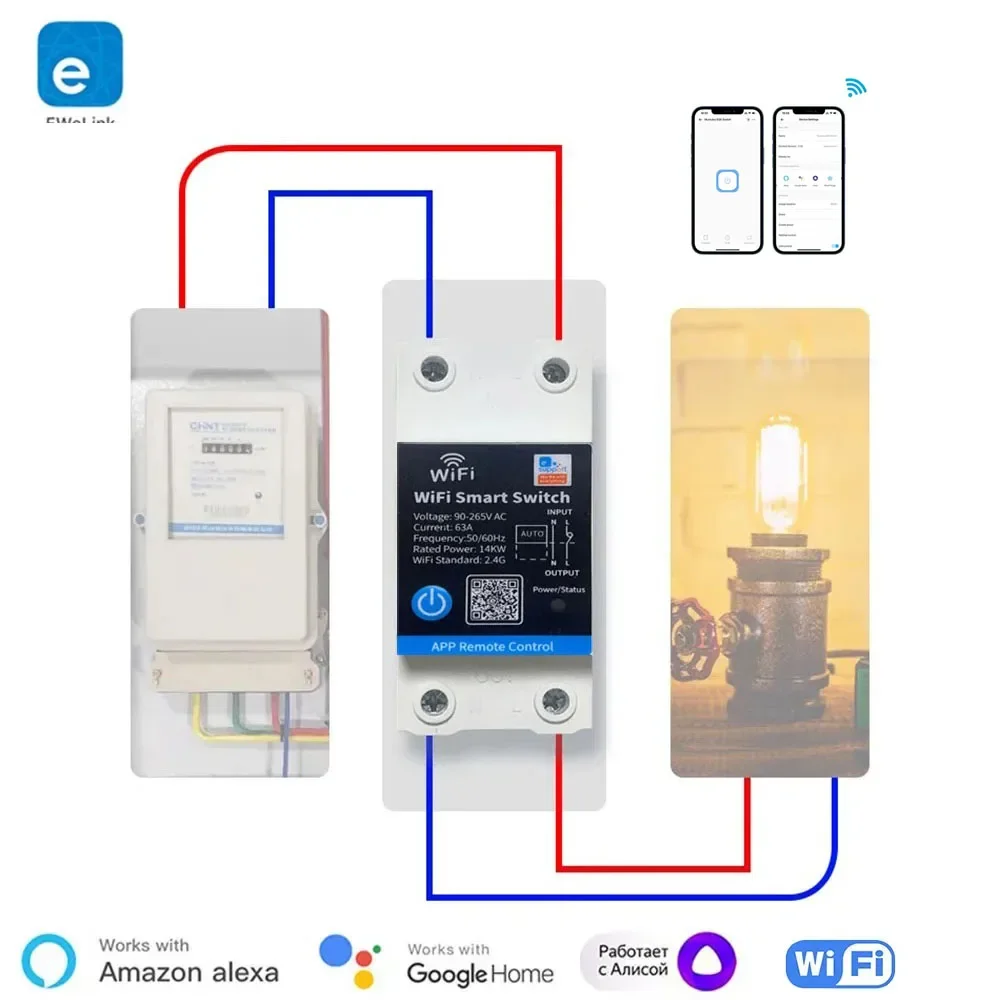 

eWelink 63A Din Rail Smart Switch Relay With Power Consumption, WiFi Automation Modules, Remote Control Compatible with Alexa