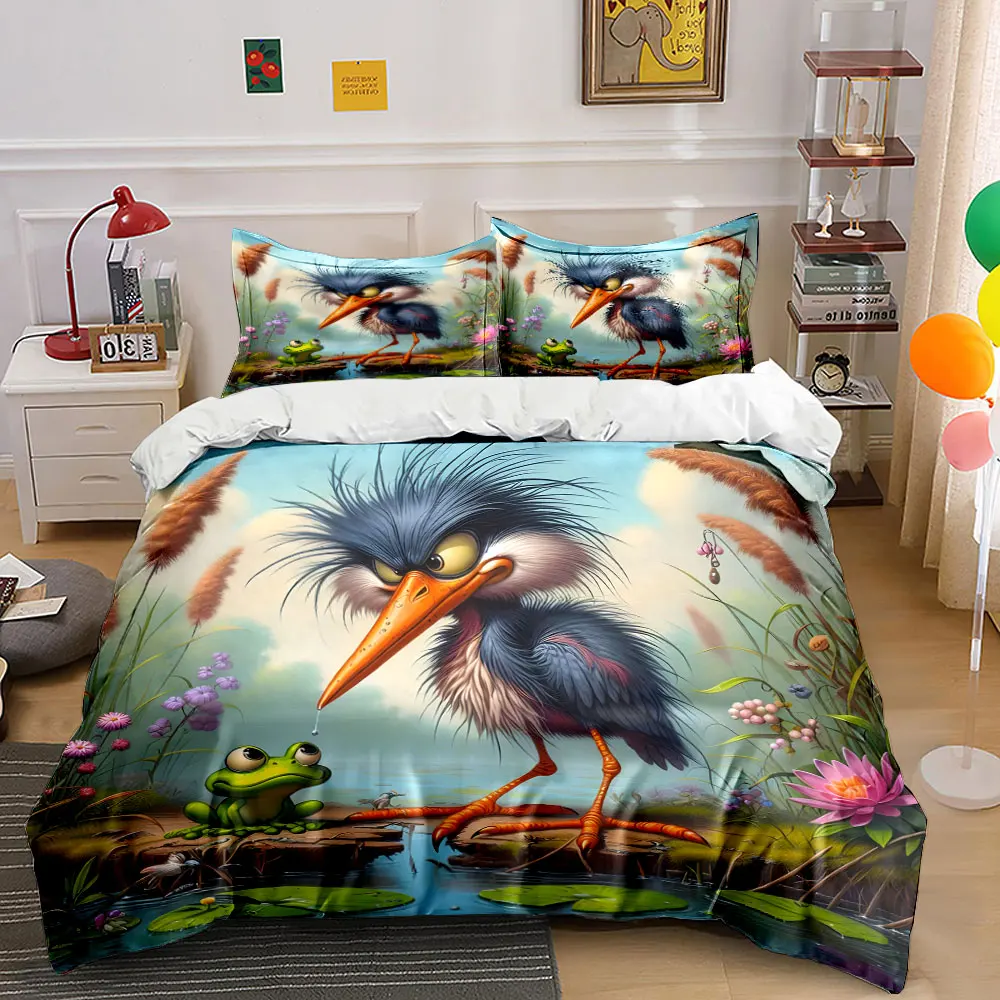 Angry bird with surprised frog Print Bedding Set 1 Duvet Cover 2 Pillowcases for Adult and Children Luxury Gift Full Size