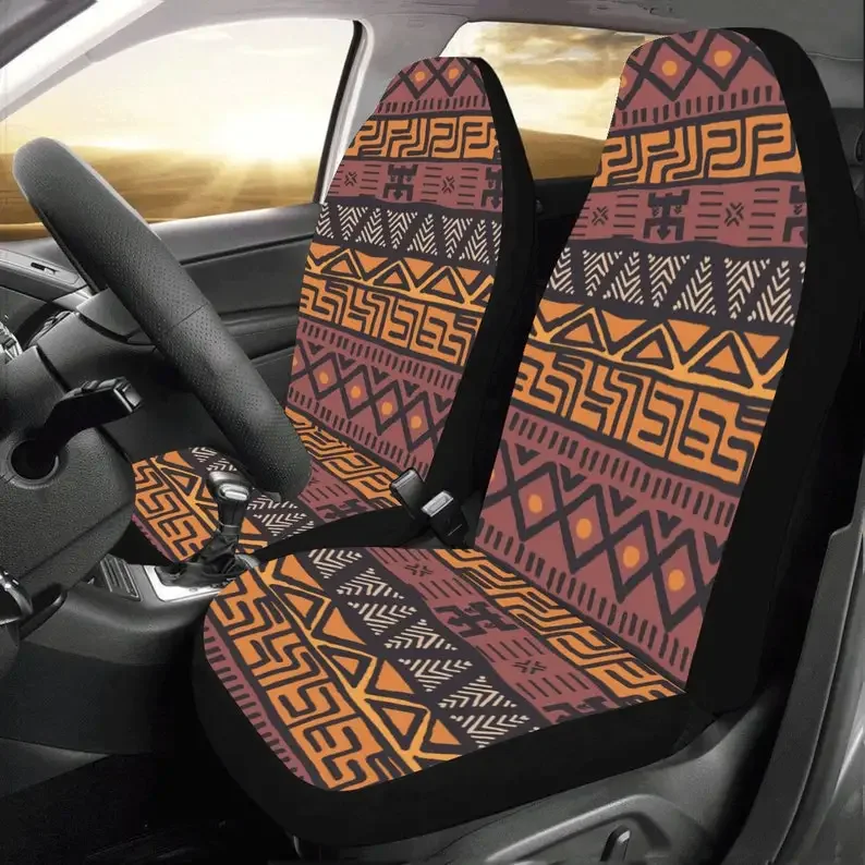 Brown Boho Chic Car Seat Covers Pair (2), Bohemian Aztec Front Seat Cover Protector Accessory Pattern Ethnic Tribal Mexican Art