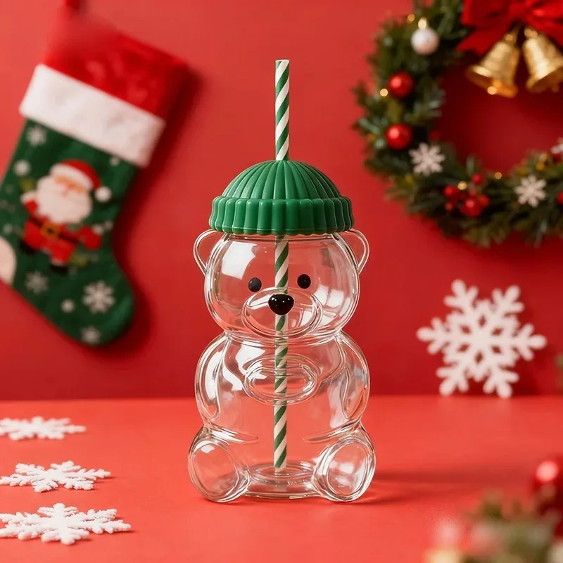 Cute Bear Glass Cup 600ml with Lid and Straw Kawaii Drinking Tumbler for Iced Coffee Juice Water Aesthetic Gift for Women
