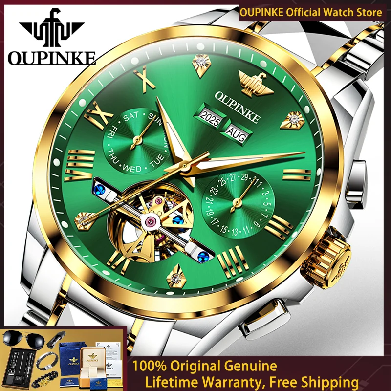 OUPINKE Flywheel Hollow Men Watch Luxury Automatic Mechanical Watch Waterproof Diamond Tungsten Steel Large Dial Men Watch 3240