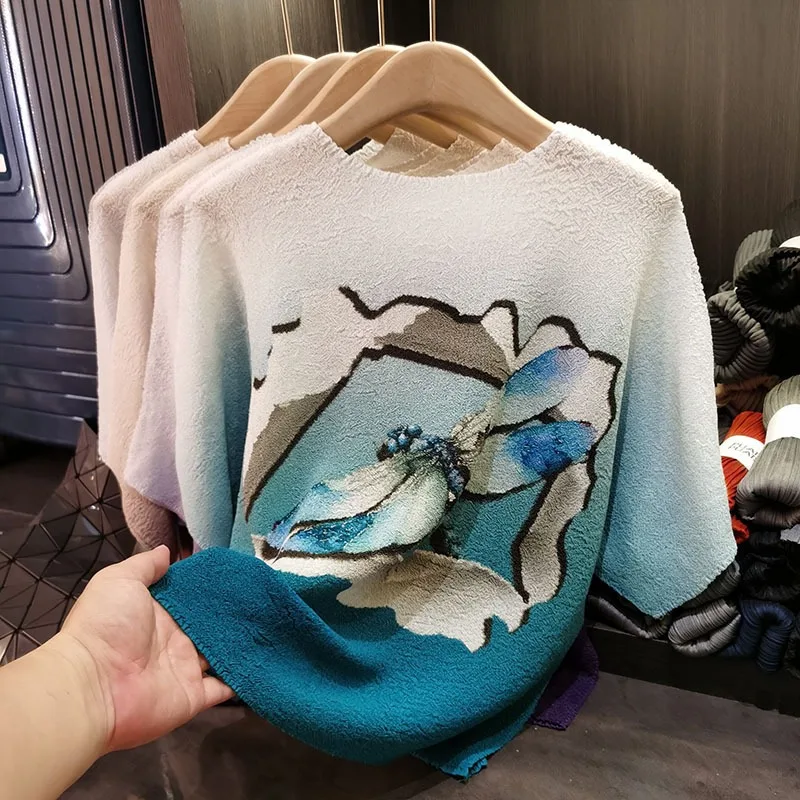 

Miyake, новая модная темпераментная свободная тонкая футболка с короткими рукавами, женская повседневная универсальная плиссированная эластичная футболка, повседневная одежда для поездок на работу