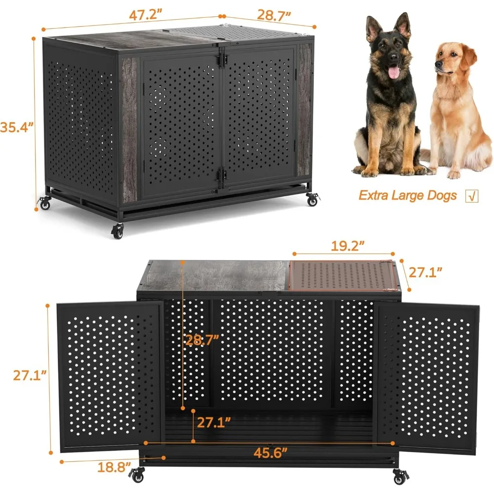 Heavy Duty Dog Crate Furniture for Extra Large Dogs, Enclosed Design with 0.5 inch Holes, Indestructible Metal Kennel