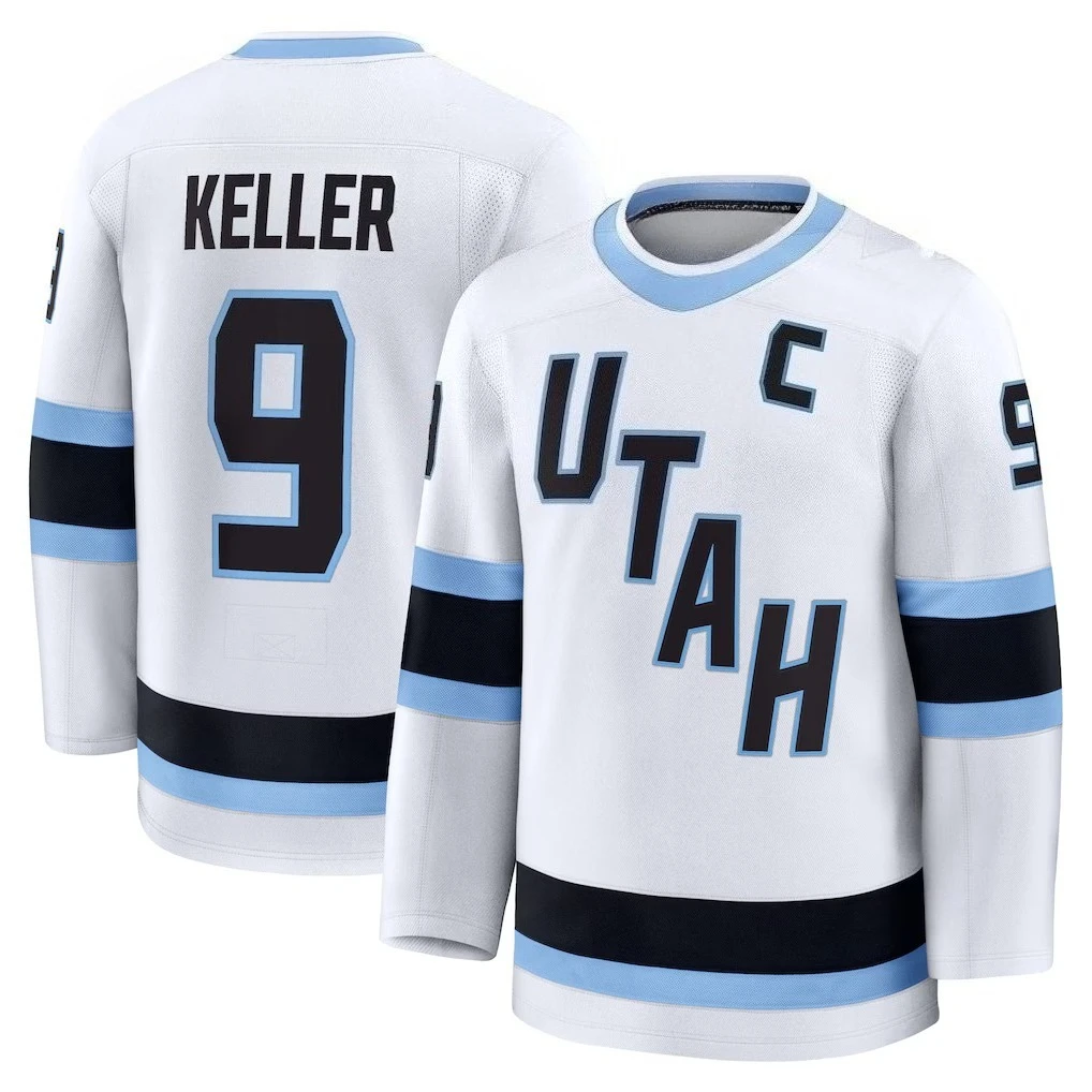 Camiseta de hockey - Blanca con detalles en negro/azul claro "Keller 9" Capitán "C" Diseño distintivo Camiseta deportiva Estampados en 3D HD