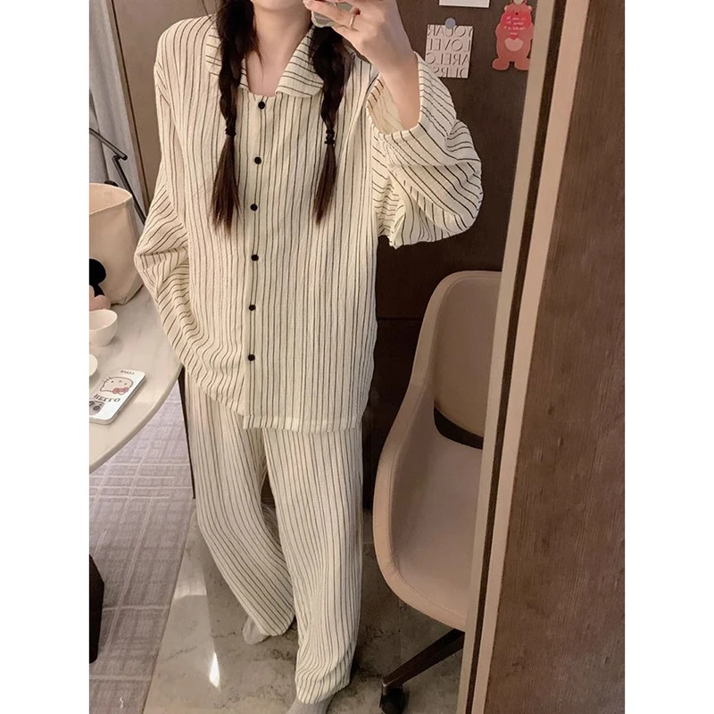 Striped Sleepwear Women Pajama Sets Casual Piiama Korean Pants Sets for Women 2 Pieces Button Night Wears Autumn Home Suit New