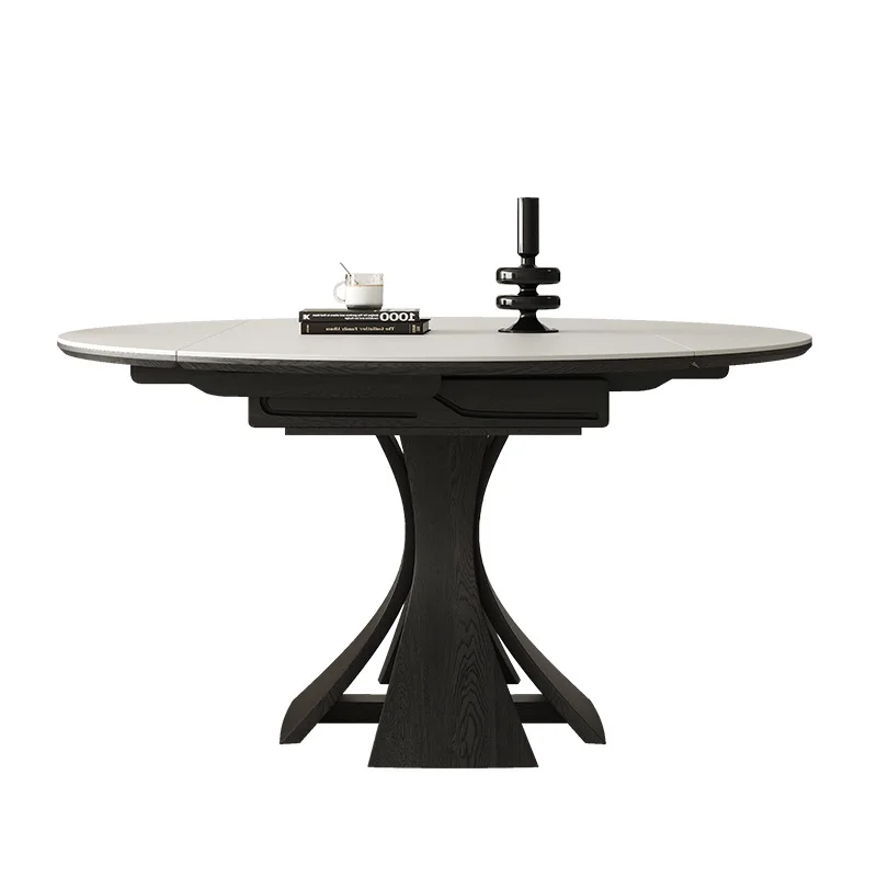 

Retro style retractable rock slab dining table light luxury small apartment square and round dual-purpose dining table solid