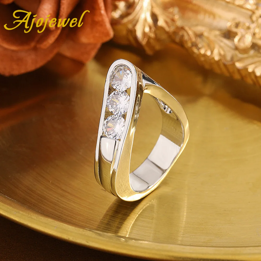 Ajojewel White Zircon Geometric Couple Shared Rings For Engagement Wedding Trendy Finger Jewelry
