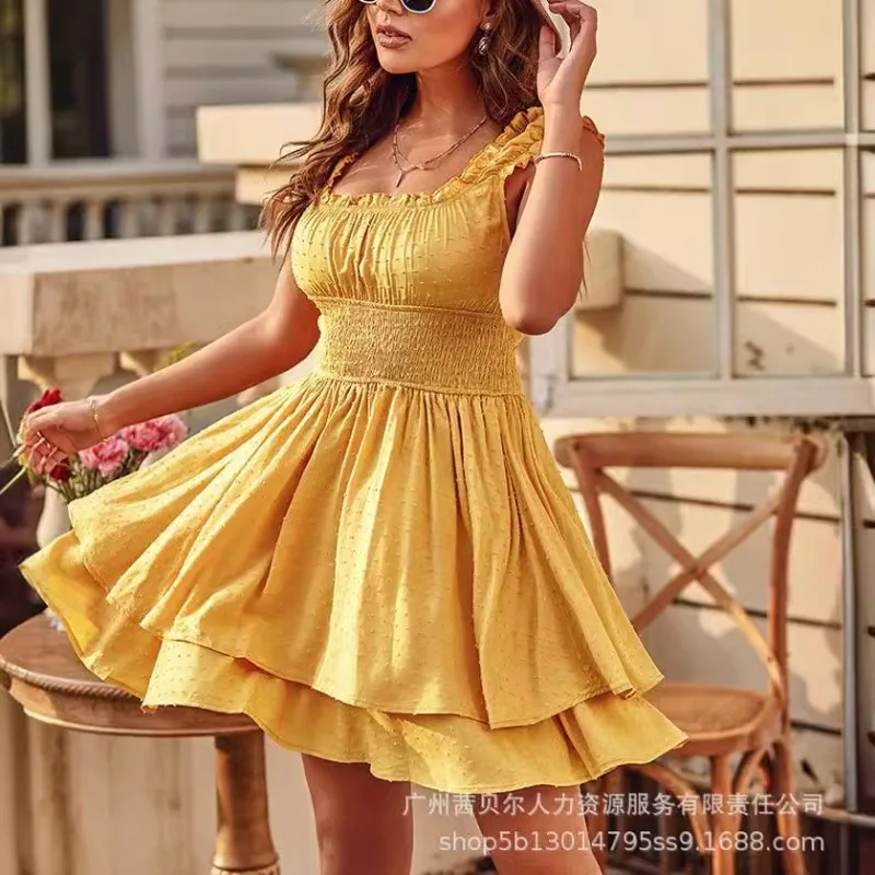 

2024 Spring Summer New Women's Clothing Solid Color Graceful and Fashionable Sling Waist Dress