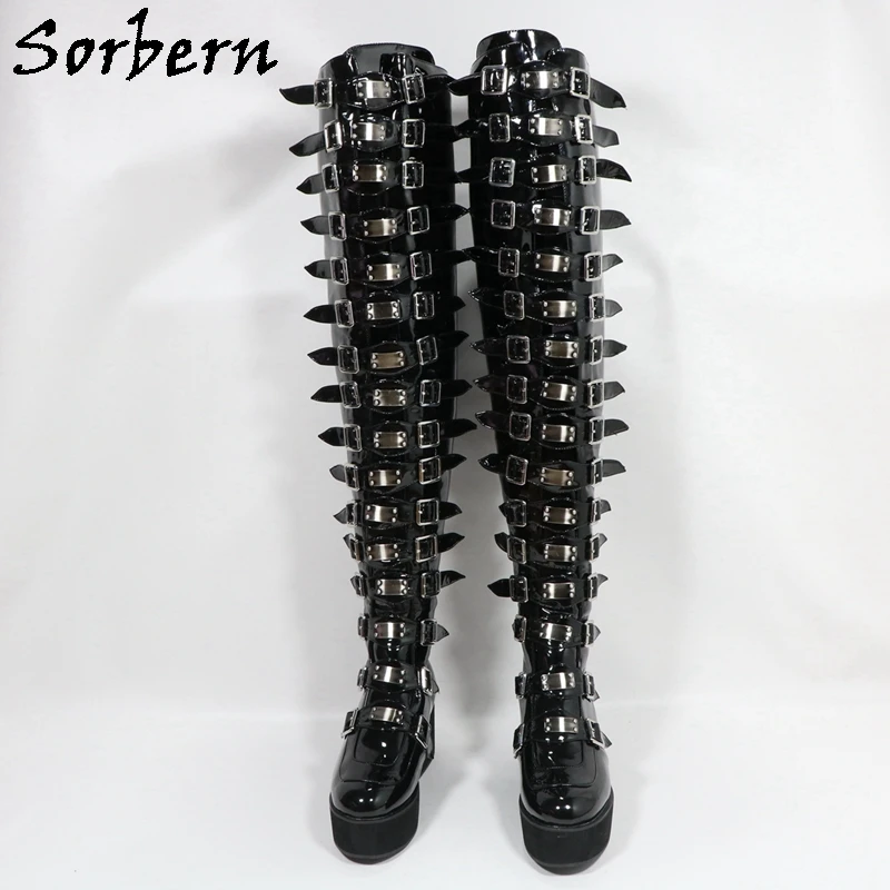 Sorbern Unisex Style Mid Thigh High Boots Multi Buckle Straps Flatform Wedges Round Toe Long Boot Rear Zipper Custom Wide Calf