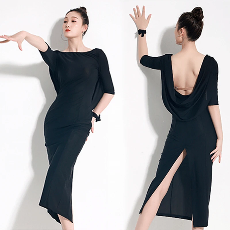 นุ่มชุดเต้นรําละตินผู้หญิงครึ่งแขนBackless SlitชุดยาวRumba Tango Ballroom Danceเสื้อผ้าผู้ใหญ่ฝึกสวมใส่V24431