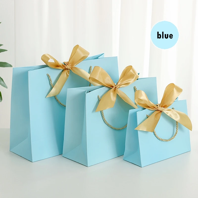 10Pcs Blue Green Gift Bag With Ribbon Gold For Packaging Kraft Paper Bags Wedding Box Business Shopping Clothes Package